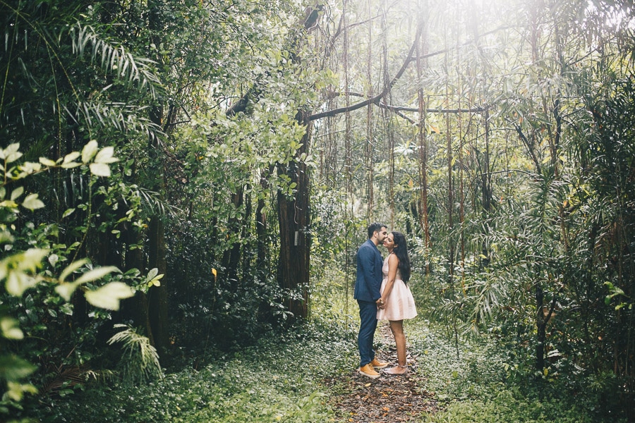 Prewedding couple kiss in wild at woods
