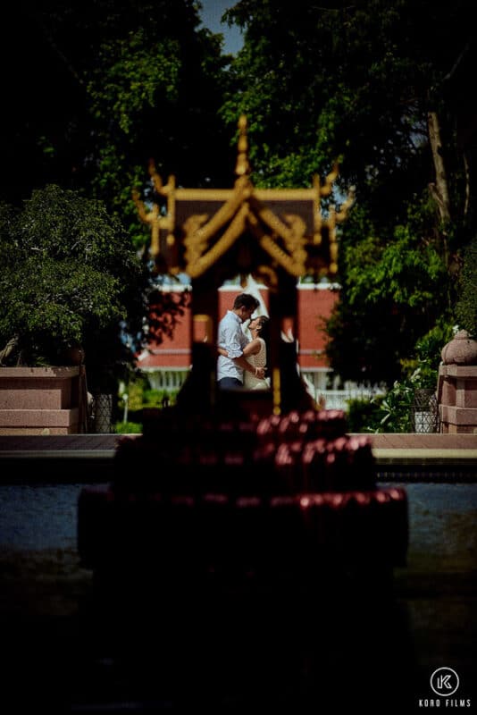 Prewedding in temple kiss silhouette in nature