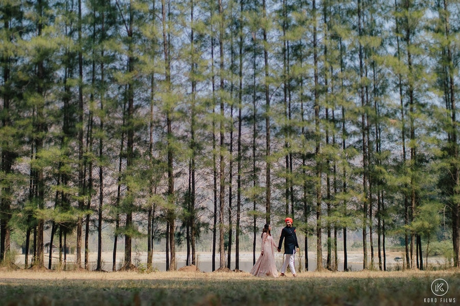 Prewedding panorama In the forest walk hold one's handsI in Pine forest