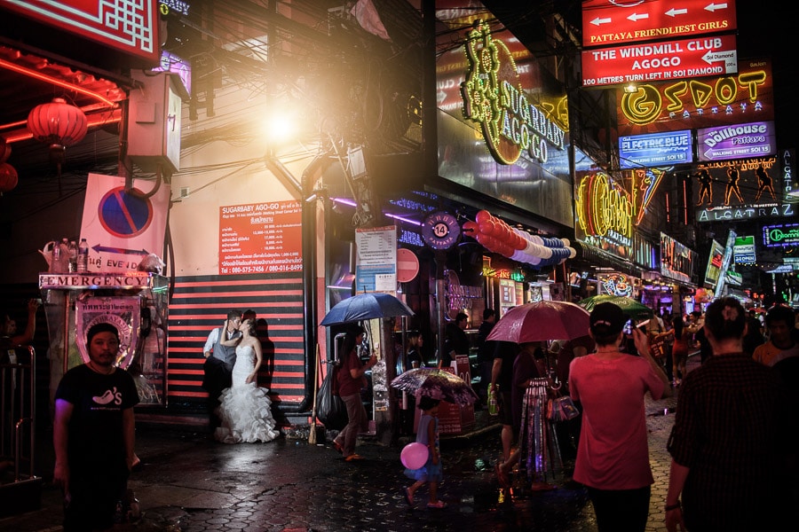 Prewedding in wedding dress market during the night light