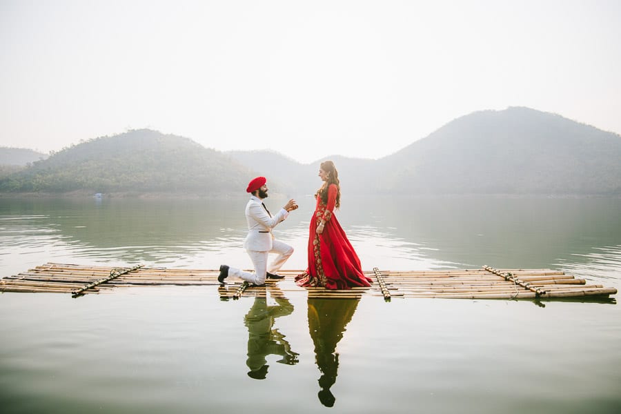 Prewedding satin in the middle of water at Srinakarin Dam, Thailand.