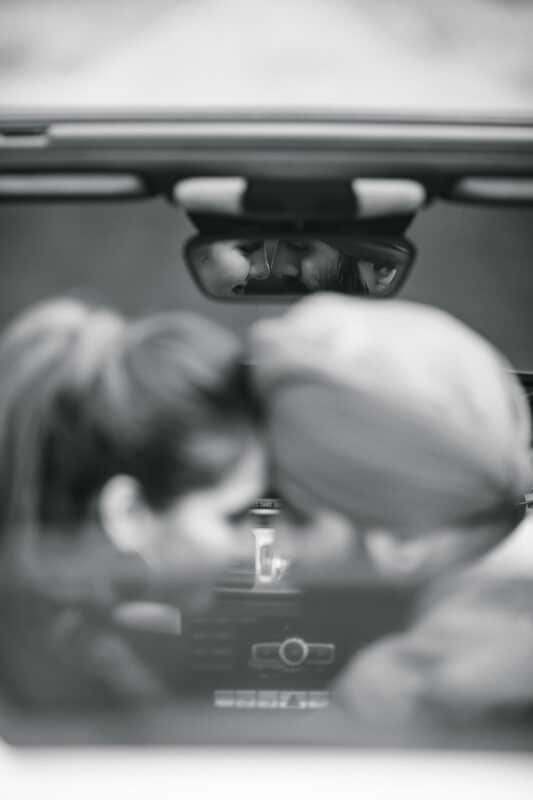 Prewedding Black and white back of the car Reflection Photography