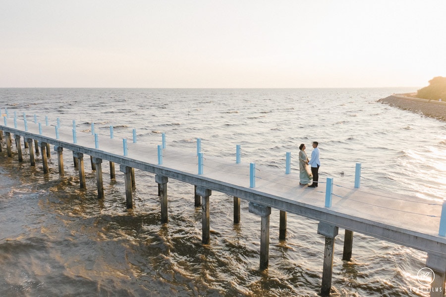 Prewedding On bridge in the sea against the sunset at Bang Pu, Thailand