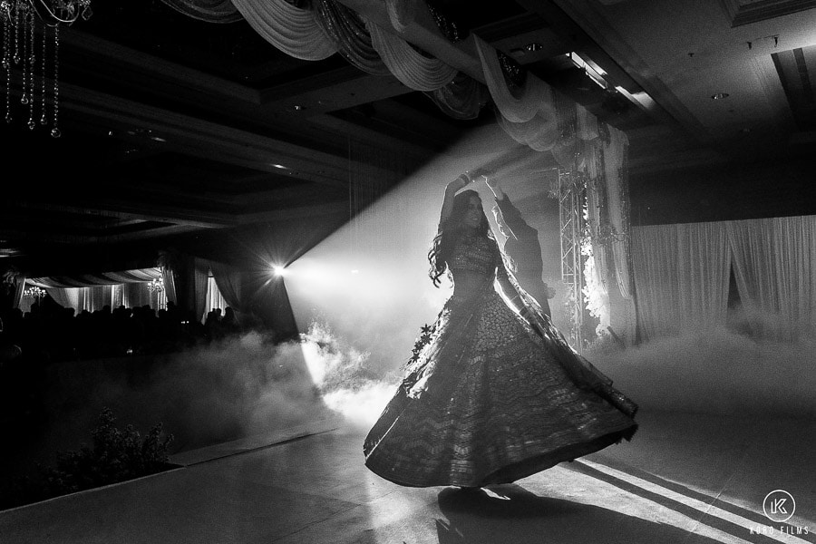 Wedding Reception Black and white light came in groom and bride dance on stage
