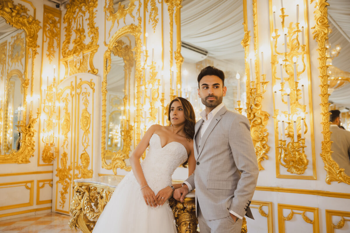 Simran and Jasras pre wedding portrait in baroque golden hall, Benedict Studio Bangkok