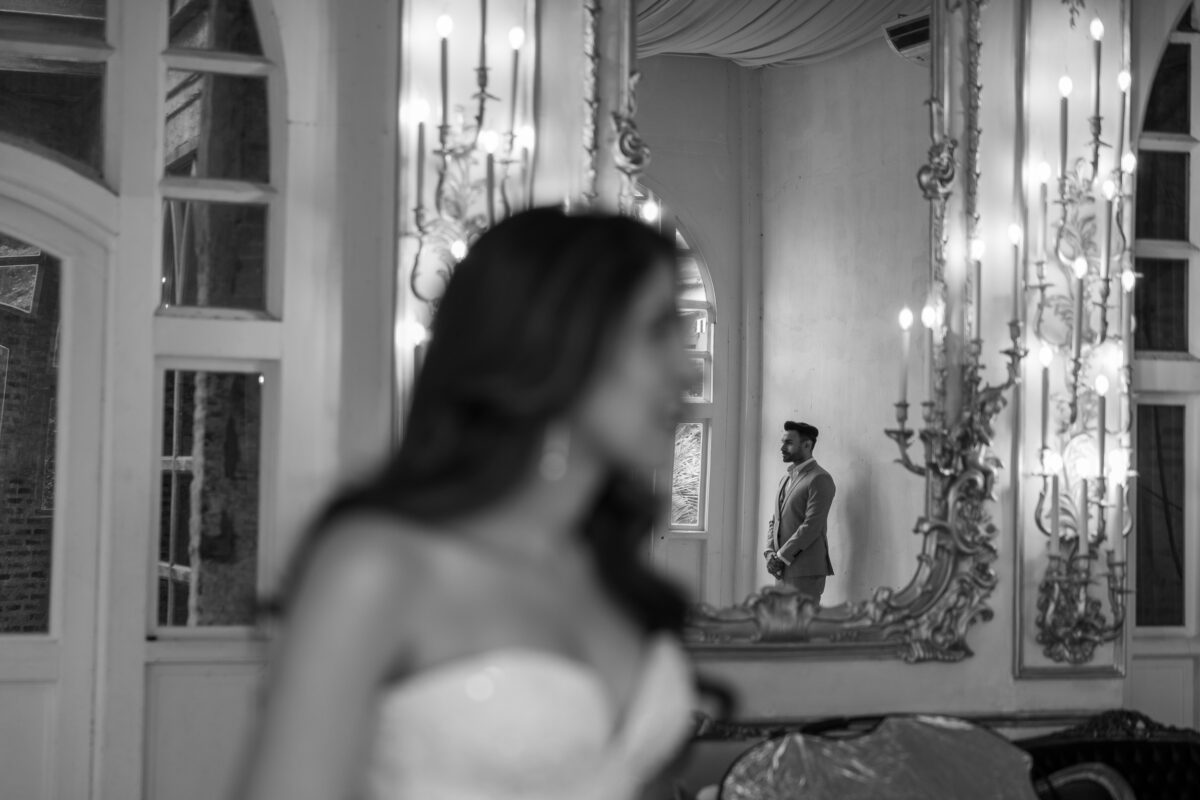 Bride and groom close embrace, intimate pre wedding photoshoot at Benedict Studio in Bangkok